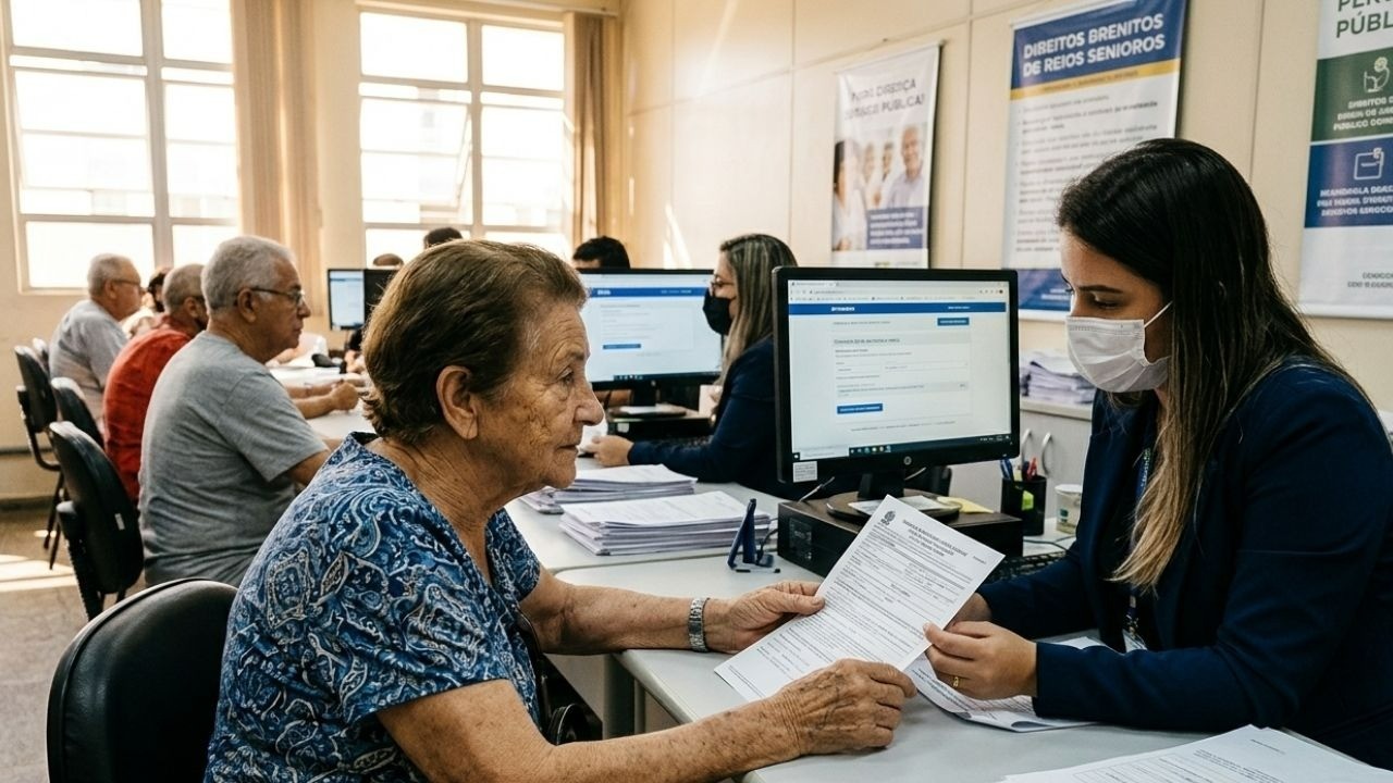 Idosa e atendente com máscara analisam documentos em centro de assistência para idosos.