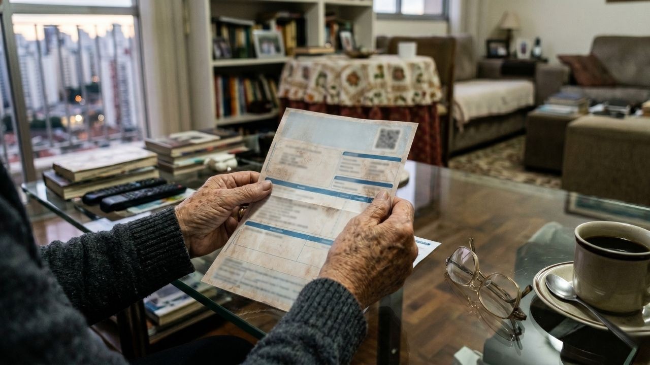 Mãos envelhecidas seguram uma conta ou boleto com texto borrado, sobre uma mesa de vidro.