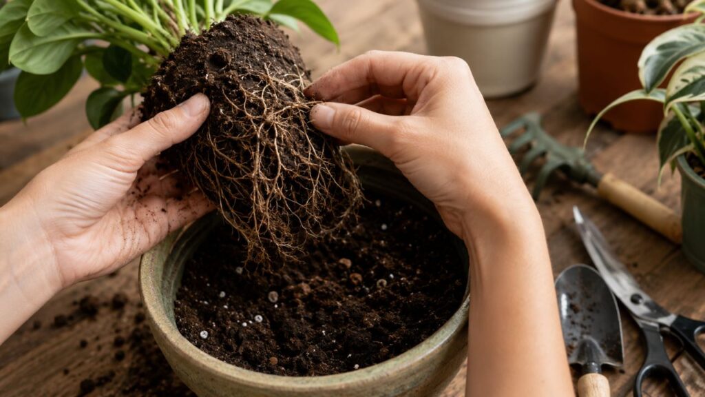 Raízes menos compactadas facilitam a absorção de água e o crescimento da planta no novo vaso