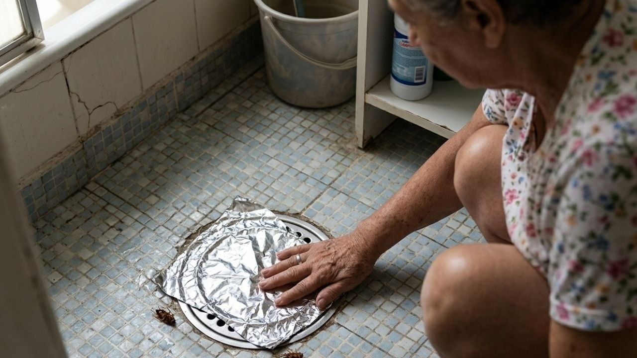 Mulher agachada cobrindo ralo do banheiro com papel alumínio, com baratas próximas.