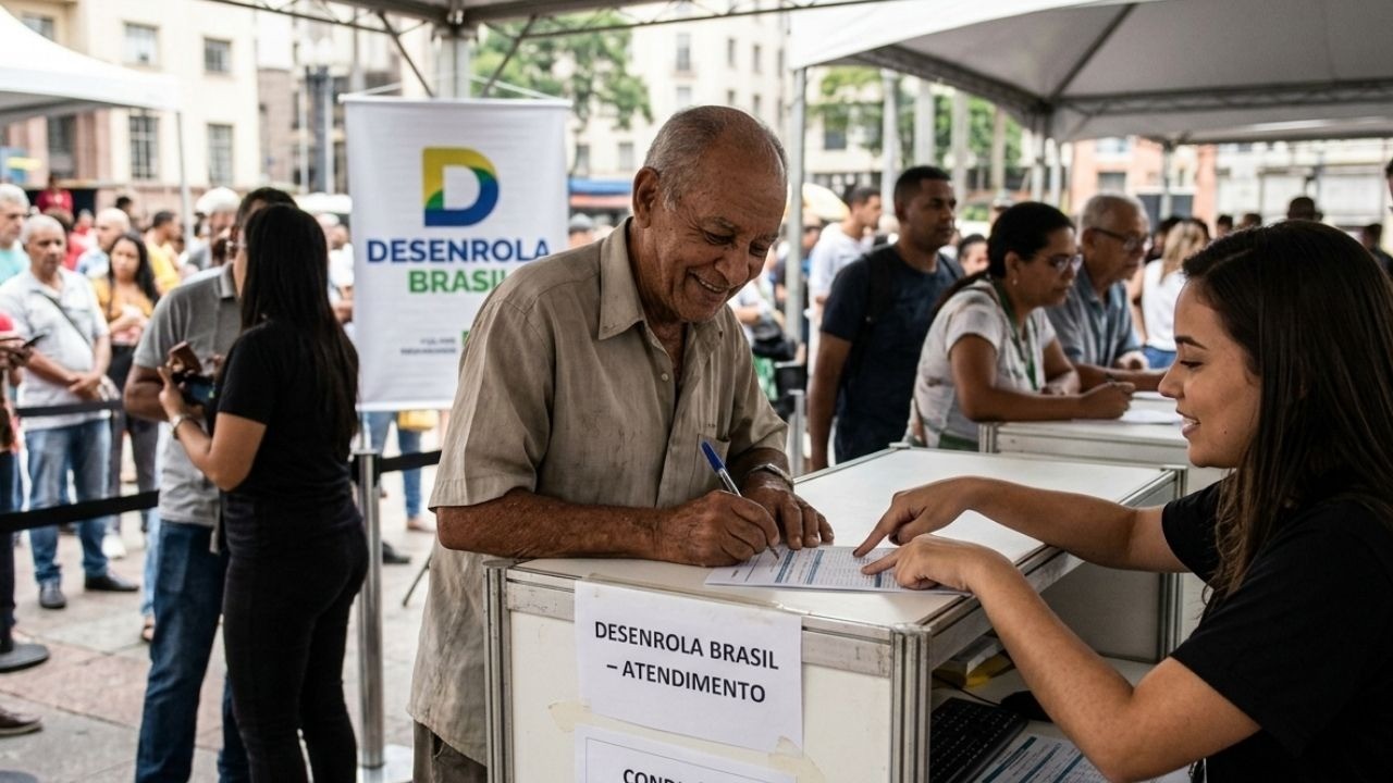 Homem idoso assina documento em balcão "Desenrola Brasil - Atendimento", assistido por mulher.
