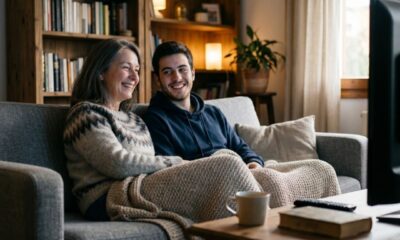 Mãe e filho sorrindo no sofá com cobertor assistindo TV em sala aconchegante.