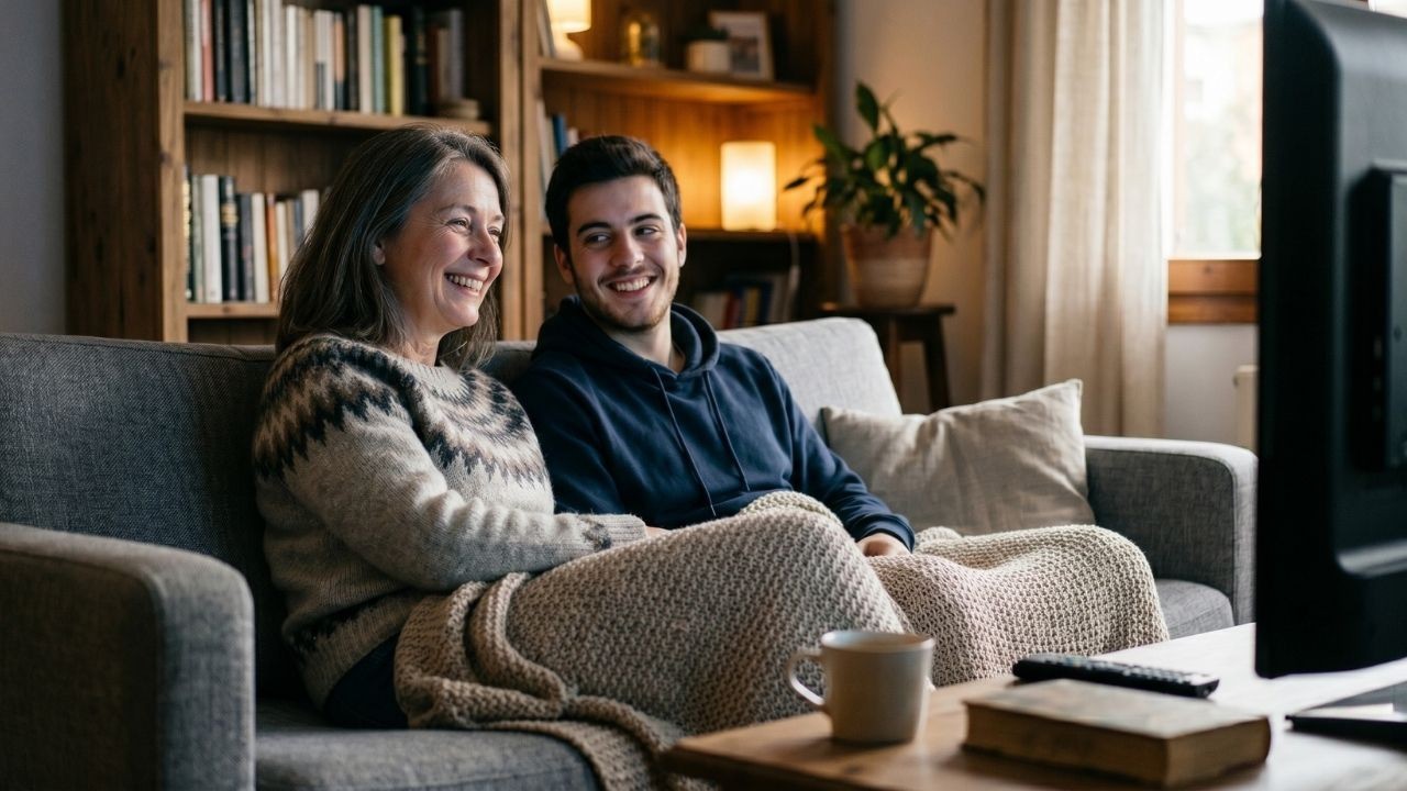 Mãe e filho sorrindo no sofá com cobertor assistindo TV em sala aconchegante.