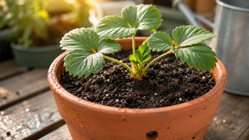 Coroa fora da terra, vaso drenado e rega moderada evitam muda fraca