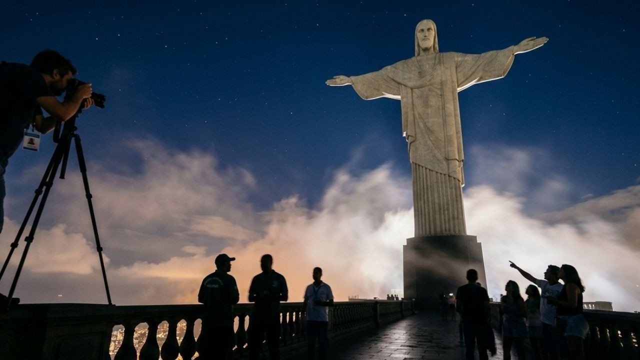 Cristo Redentor iluminado à noite, com fotógrafo e visitantes em primeiro plano.