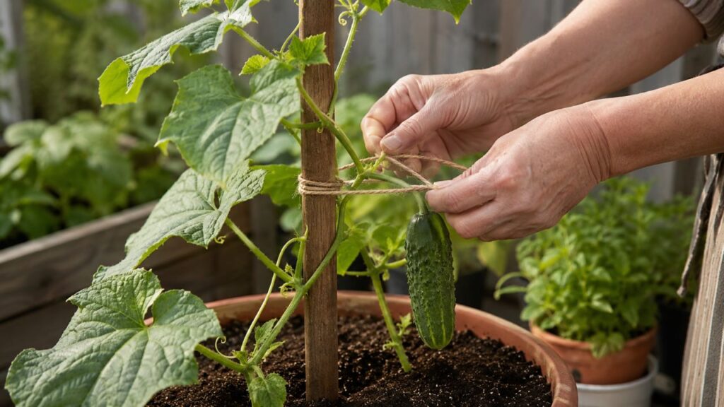 Conduzir a rama desde o início evita folhas emboladas e frutos encostados na terra