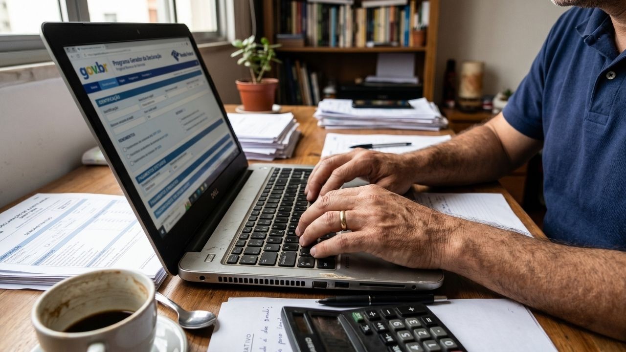 Pessoa digita em laptop com gov.br, "Programa Gerador da Declaração", calculadora e café na mesa.