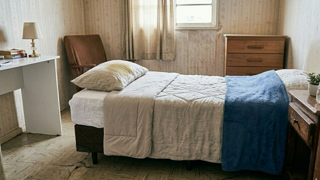Travesseiro branco com grande mancha amarela sobre uma cama simples em um quarto antigo.