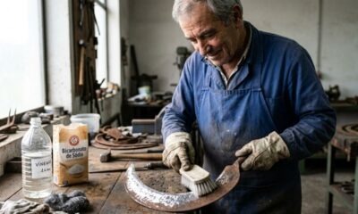 Homem limpa ferramenta enferrujada com escova, vinagre e bicarbonato em oficina.