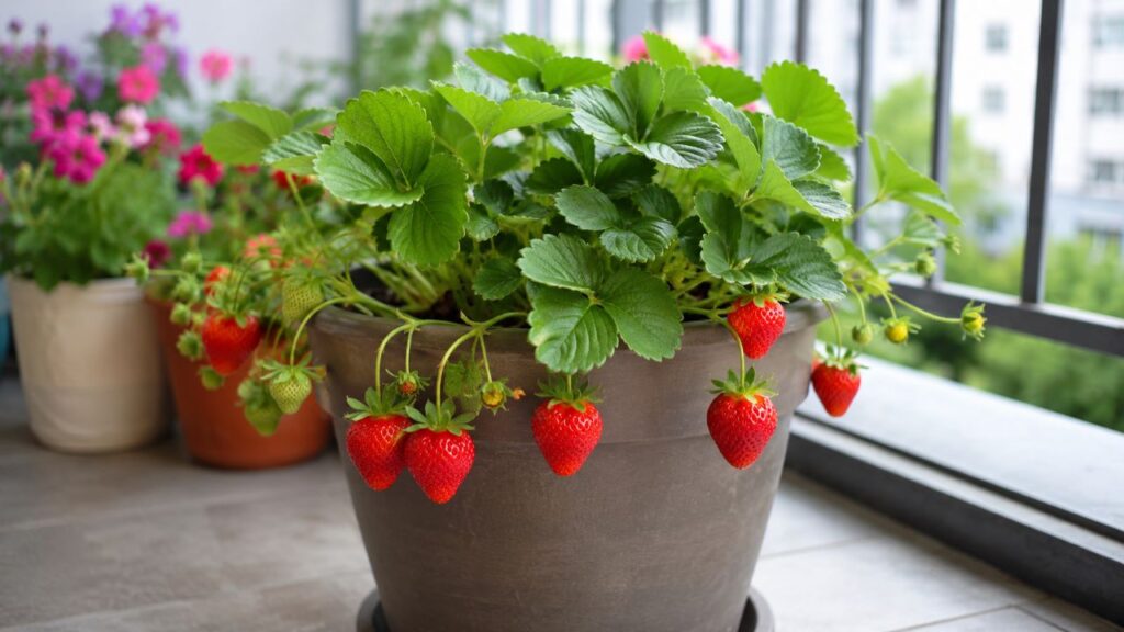 Morango em vaso cresce melhor quando os frutos ficam protegidos do contato com a terra