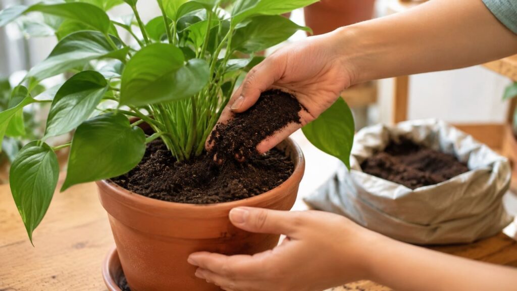 O húmus de minhoca melhora o solo do vaso e ajuda as plantas a crescerem com mais força