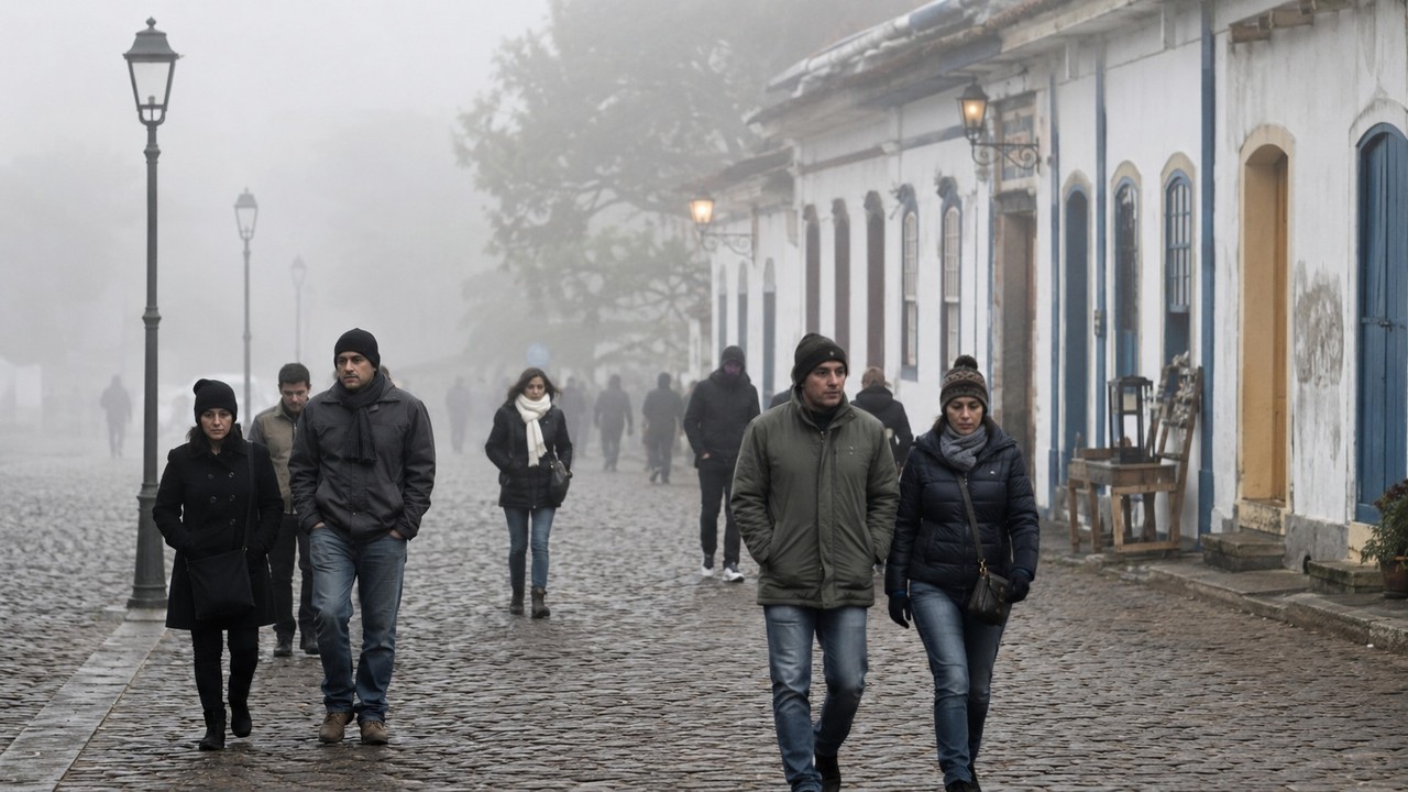 Várias pessoas agasalhadas caminham em rua de paralelepípedos sob forte neblina em cidade histórica.