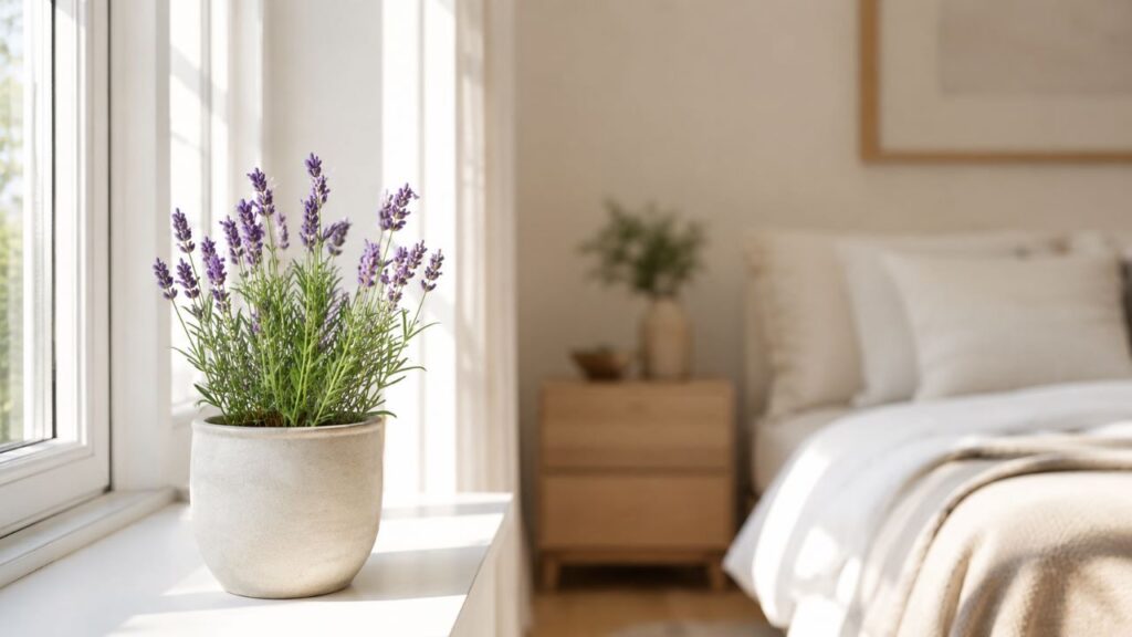 Detalhes em lavanda ajudam a criar um ambiente leve e visualmente equilibrado