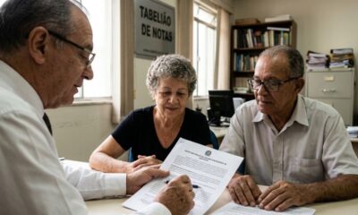 Três idosos em cartório analisam escritura pública de doação com reserva de usufruto.
