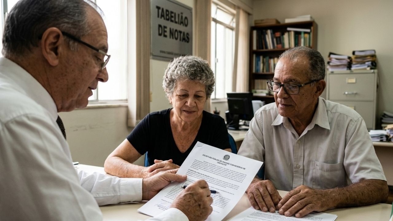 Três idosos em cartório analisam escritura pública de doação com reserva de usufruto.