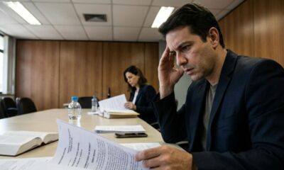 Homem e mulher sérios lendo documentos em uma sala de reunião com garrafas de água.
