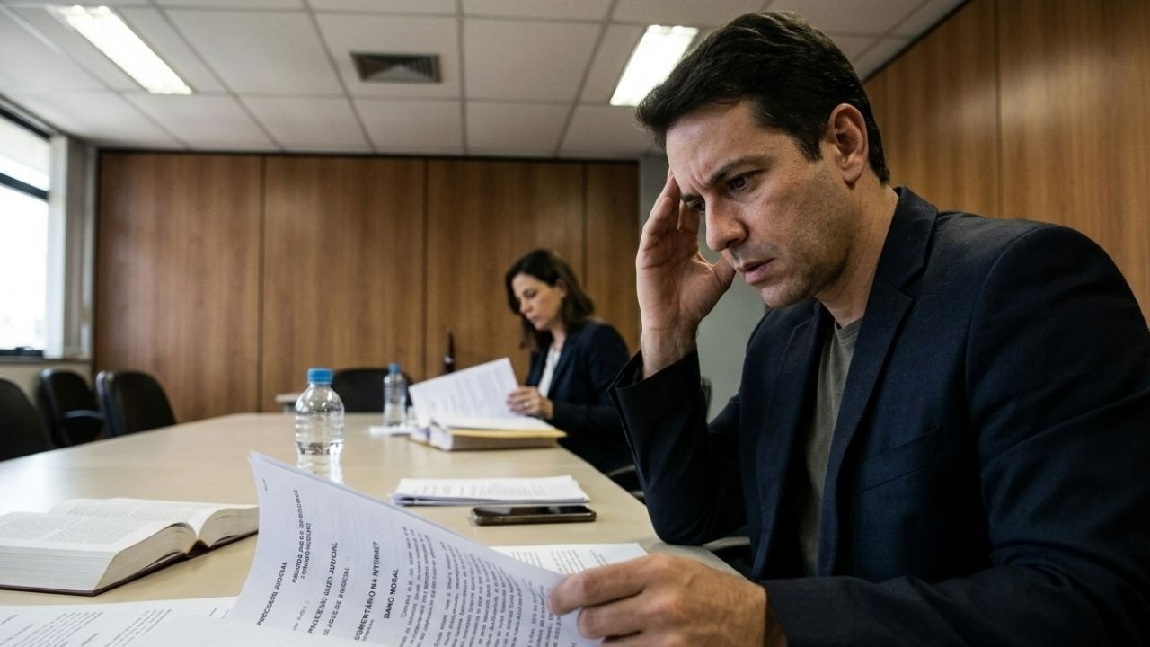 Homem e mulher sérios lendo documentos em uma sala de reunião com garrafas de água.