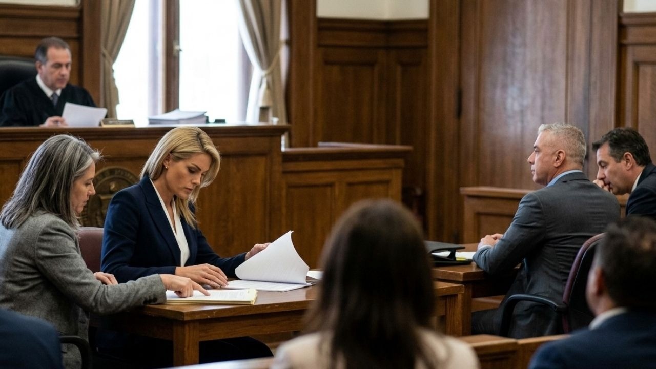 Um juiz e advogados em um tribunal, analisando documentos em mesa de madeira durante um processo.