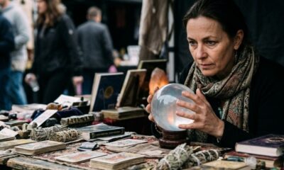 Mulher concentrada segura esfera de cristal iluminada em mesa com cartas de tarô e livros.