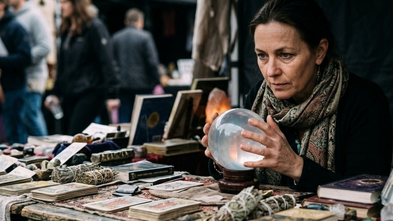 Mulher concentrada segura esfera de cristal iluminada em mesa com cartas de tarô e livros.