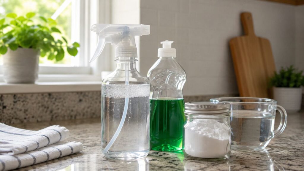 Água morna, detergente e bicarbonato formam uma solução prática para limpar a cozinha