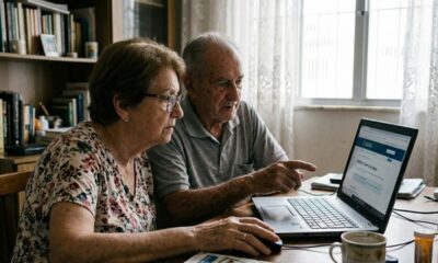 Dois idosos em casa usando um laptop. O homem aponta para a tela e a mulher usa o mouse.