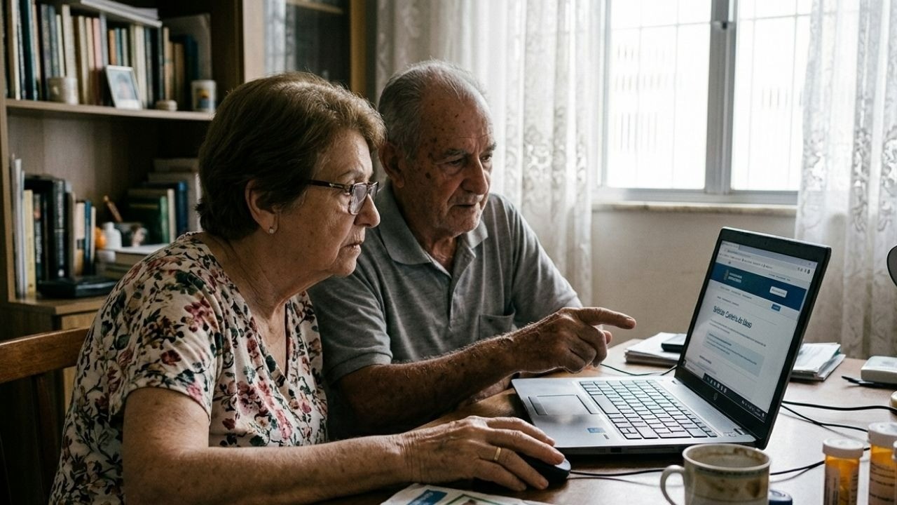 Dois idosos em casa usando um laptop. O homem aponta para a tela e a mulher usa o mouse.