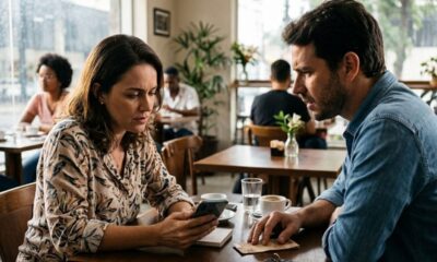 Mulher e homem em café, ela olha o celular, dinheiro na mesa.