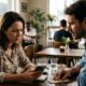 Mulher e homem em café, ela olha o celular, dinheiro na mesa.