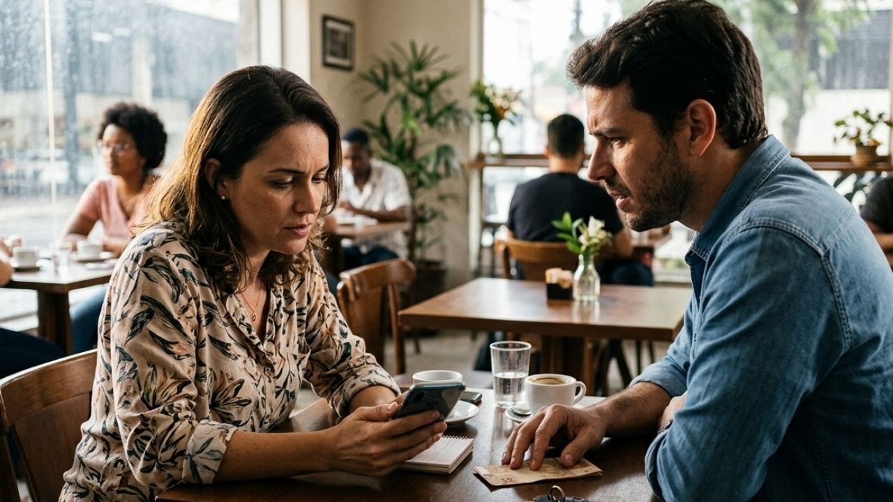 Mulher e homem em café, ela olha o celular, dinheiro na mesa.