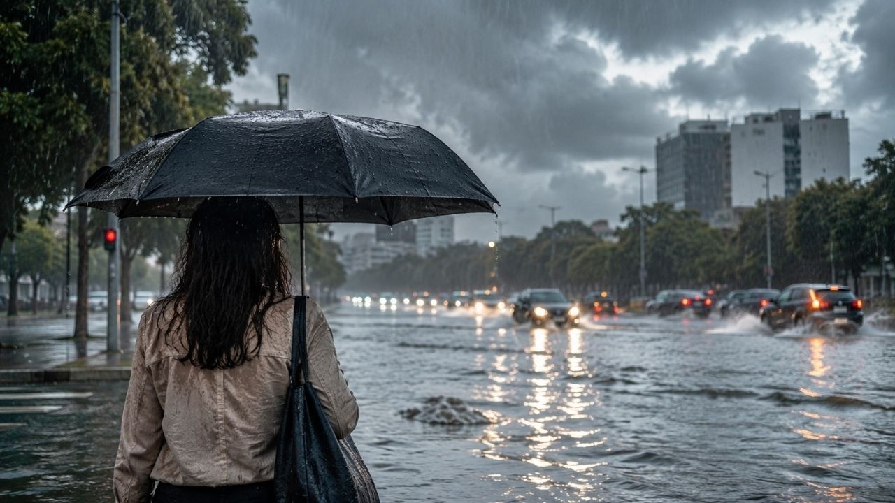 Pessoa com guarda-chuva em rua alagada com tráfego sob chuva forte e céu nublado.