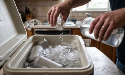 Mãos adicionam sal e líquido de garrafa a um cooler cheio de gelo e latas de bebida.