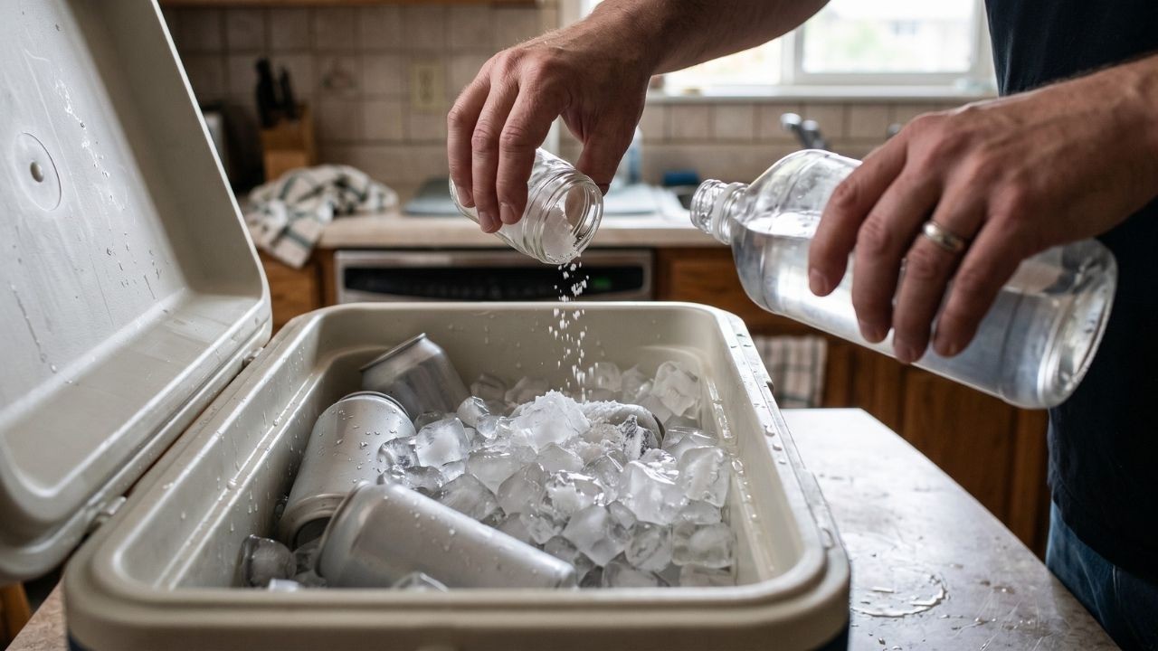 Mãos adicionam sal e líquido de garrafa a um cooler cheio de gelo e latas de bebida.