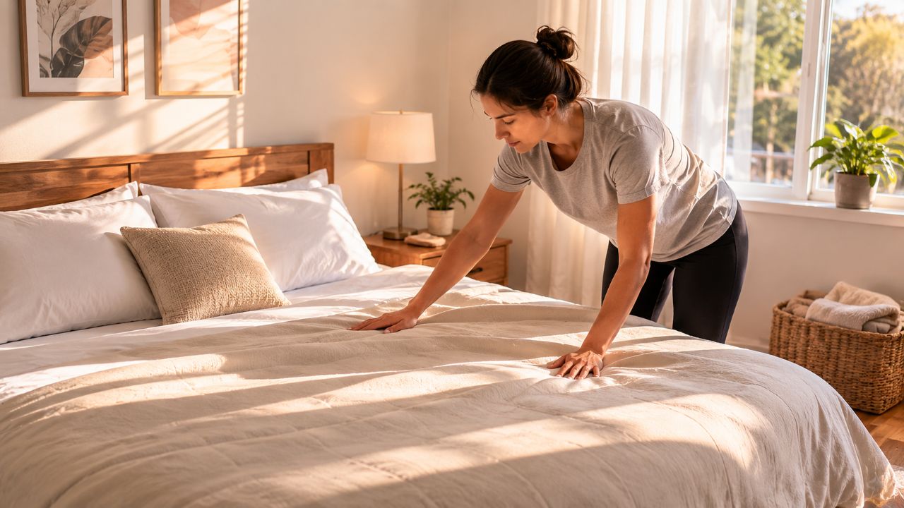 Pessoa arrumando a cama em quarto iluminado pela manhã, ambiente simples e organizado