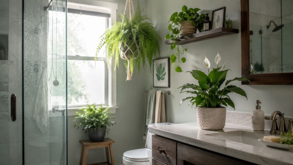 Luz natural, umidade e drenagem ajudam plantas tropicais a crescer no banheiro