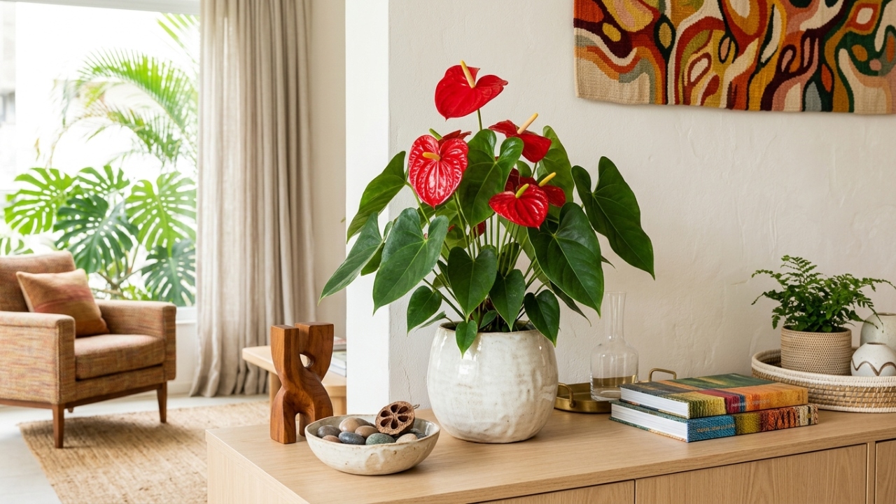Antúrio vermelho dá cor sem exagero e resolve bem a decoração da casa