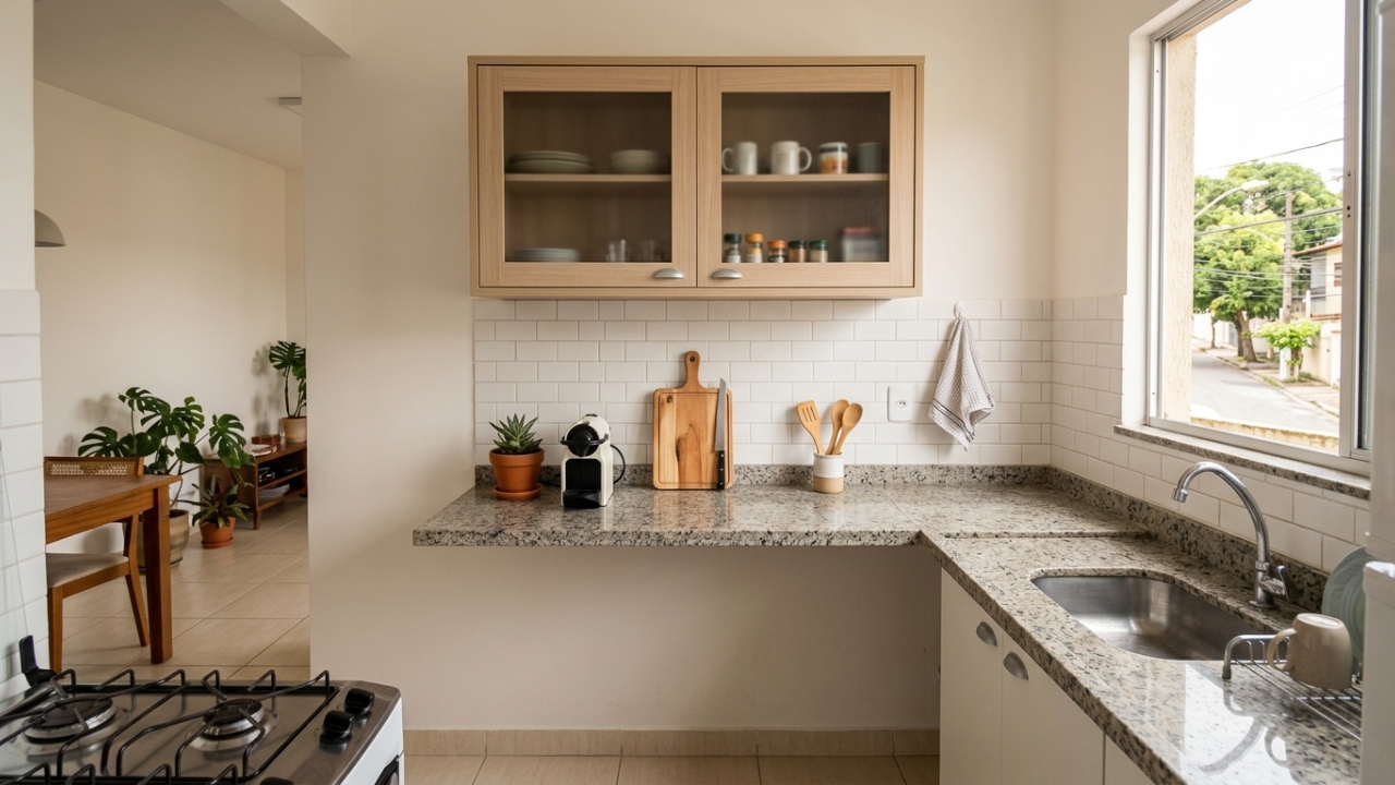 Armário aéreo simples ajuda a ganhar espaço na cozinha sem atrapalhar a circulação