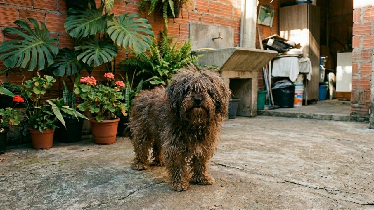 Cadela vira-lata peluda fica irreconhecível após primeiro corte de pelo