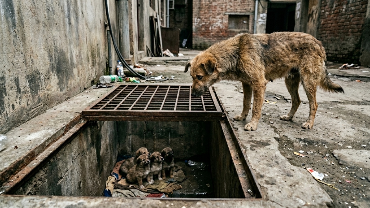 Mãe de cachorro de rua pede ajuda para salvar filhotes presos no subsolo