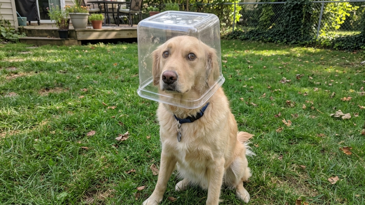 Cão libertado de recipiente plástico surpreende resgatadores com carinho