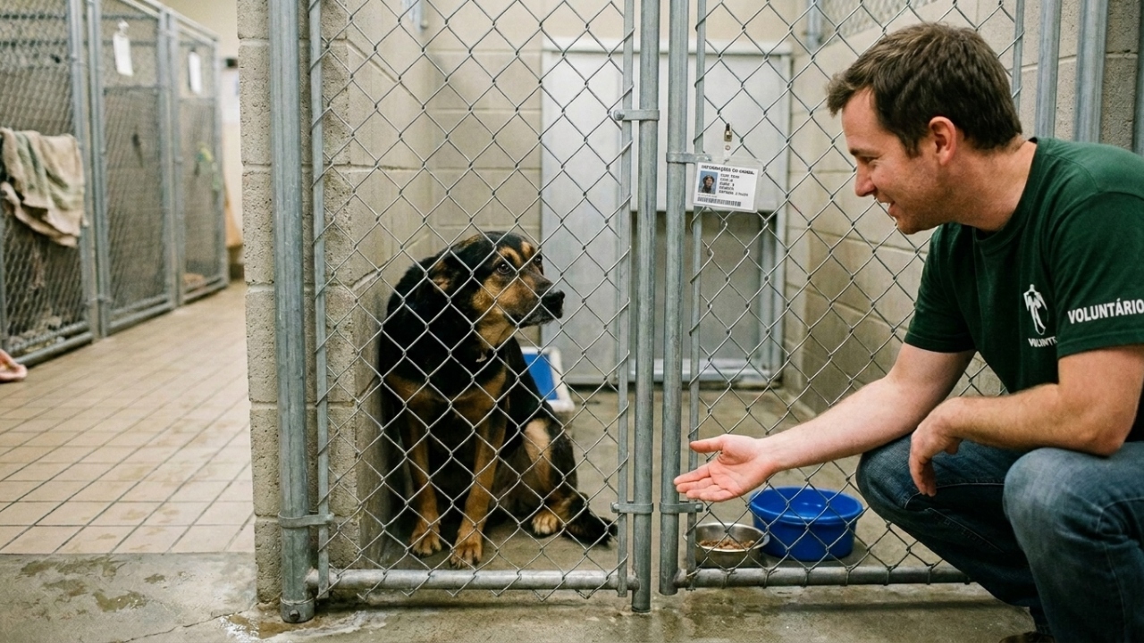 Cão de abrigo tem medo de homens e funcionária encontra solução