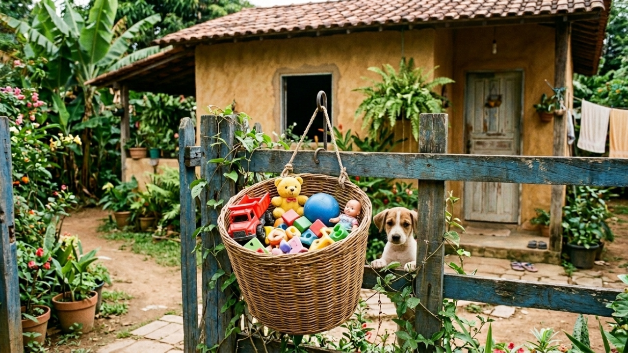 Entregadora fica confusa com cesta de brinquedos na cerca e então lê a placa