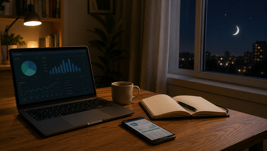 Mesa com notebook, café e caderno aberta em frente a uma janela durante a noite, Lua crescente visível no céu, planilha financeira no celular sobre a mesa, ambiente doméstico simples e organizado, realista