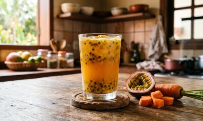 Suco de maracujá com cenoura mistura sabor, cor e nutrientes em um copo só