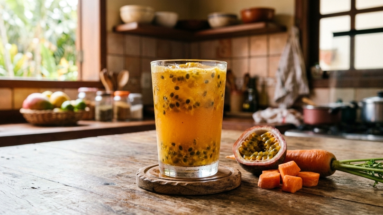 Suco de maracujá com cenoura mistura sabor, cor e nutrientes em um copo só