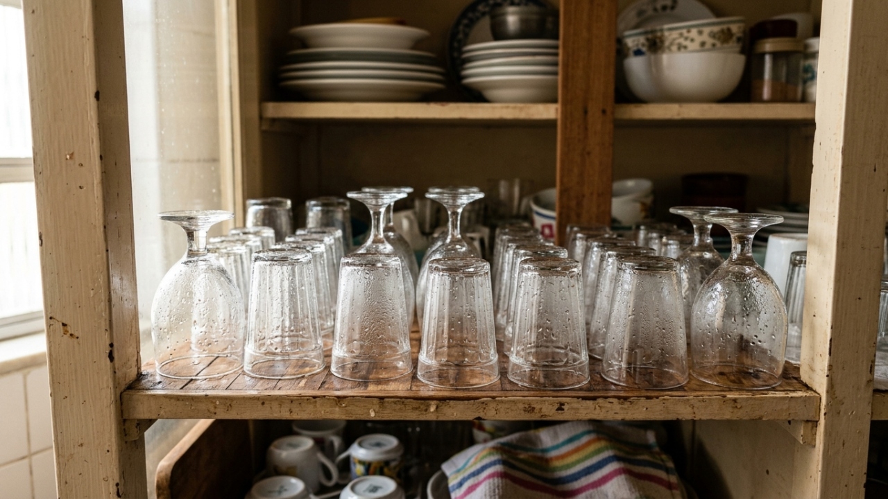 O motivo simples para guardar copos virados para baixo e evitar sujeira escondida na cozinha