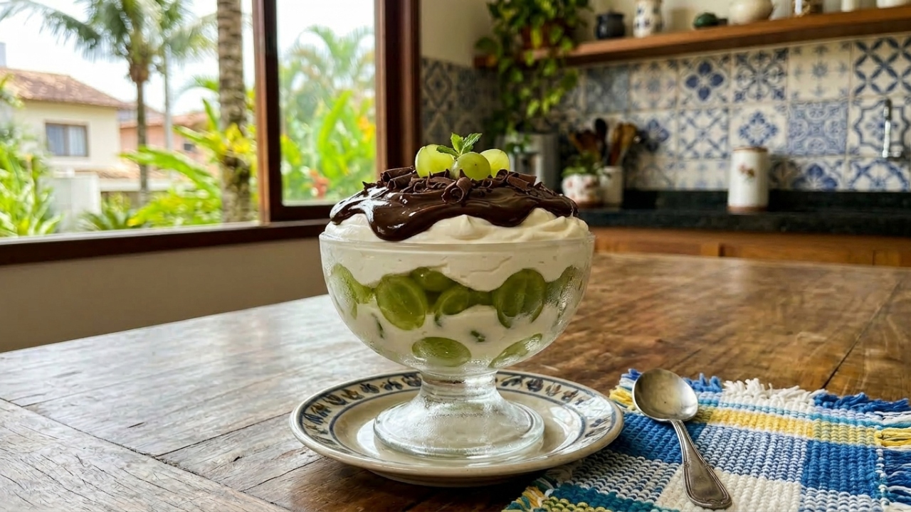 Misture uvas verdes, creme e chocolate e faça uma sobremesa gelada super cremosa e bonita para a família