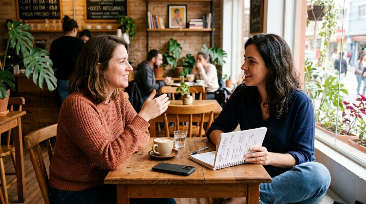 Duas pessoas conversando em ambiente neutro, uma delas ouvindo atentamente com postura aberta enquanto segura um caderno de ideias, celular virado para baixo na mesa, cena realista mostrando mente aberta sem necessidade de aprovação externa. Em caso de textos na imagem, ele deve estar em PT-BR