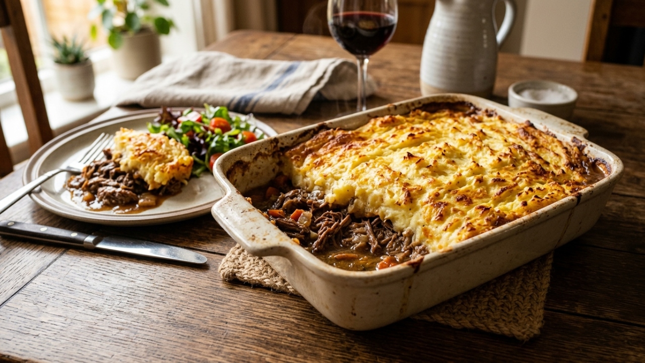Esse escondidinho de carne seca com purê de batatas fica super cremoso, perfeito para servir no jantar de domingo