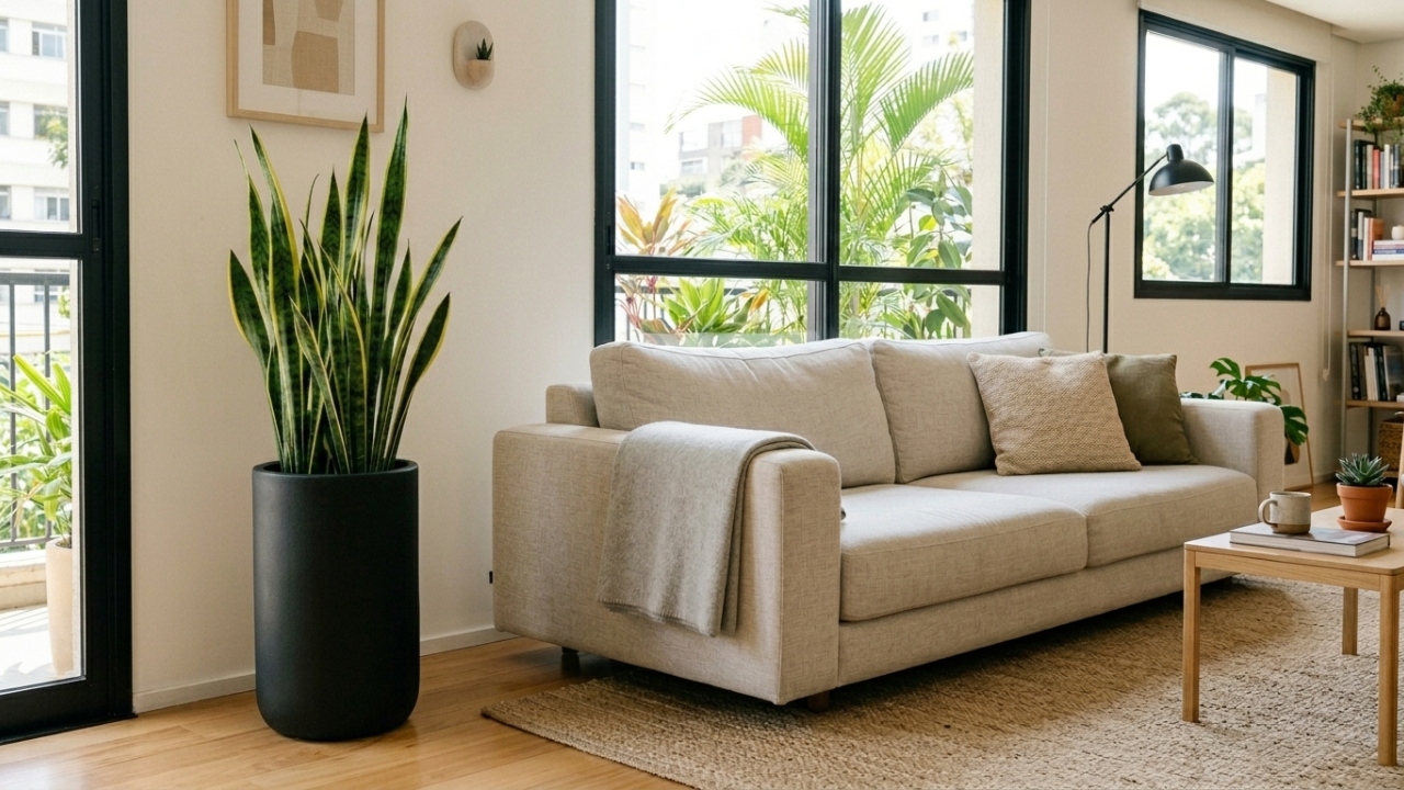 Decoração minimalista ganha vida com espada-de-são-jorge em vaso alto e deixa o ambiente mais elegante